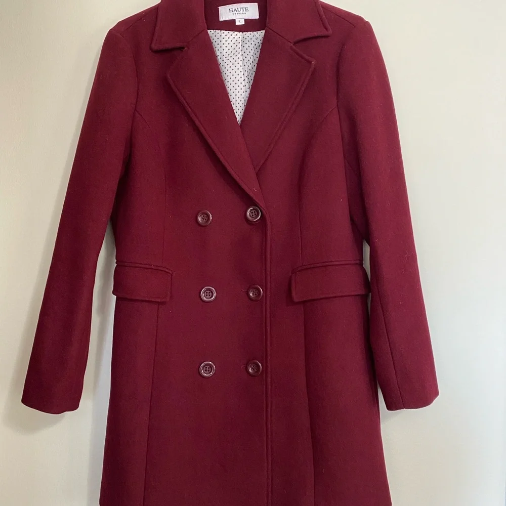 NWOT Haute Edition Double-Breasted Pea Coat with Notched Lapels in Wine - Picture 8 of 8